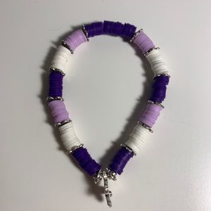 Handmade purple & white clay beads w silver accents & flower charm bracelet